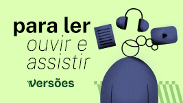 ilustração de uma pessoa em pé da cintura pra cima com ícones de página de texto, de play de vídeo e de fone de ouvido sobre sua cabeça